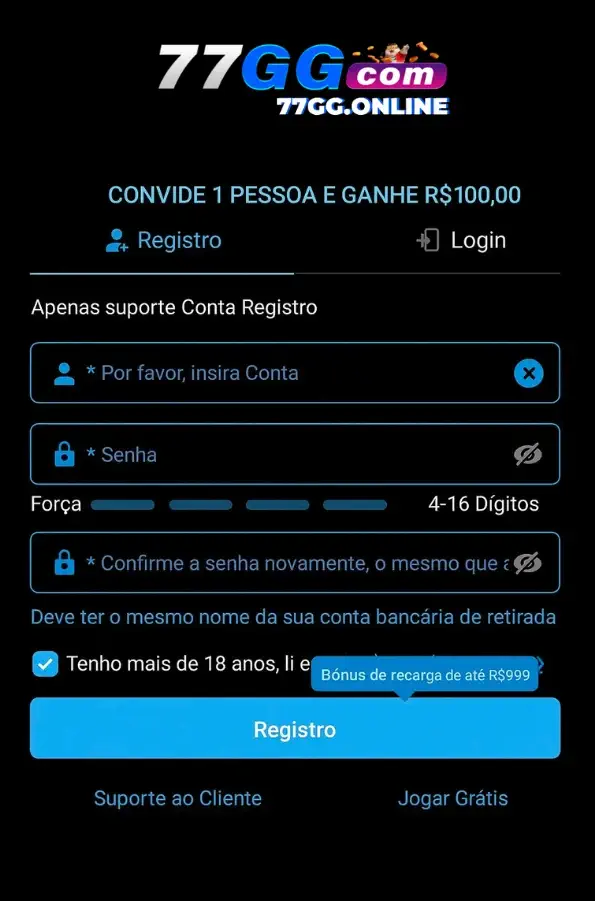Tela de registro no site oficial do 77GG cassino